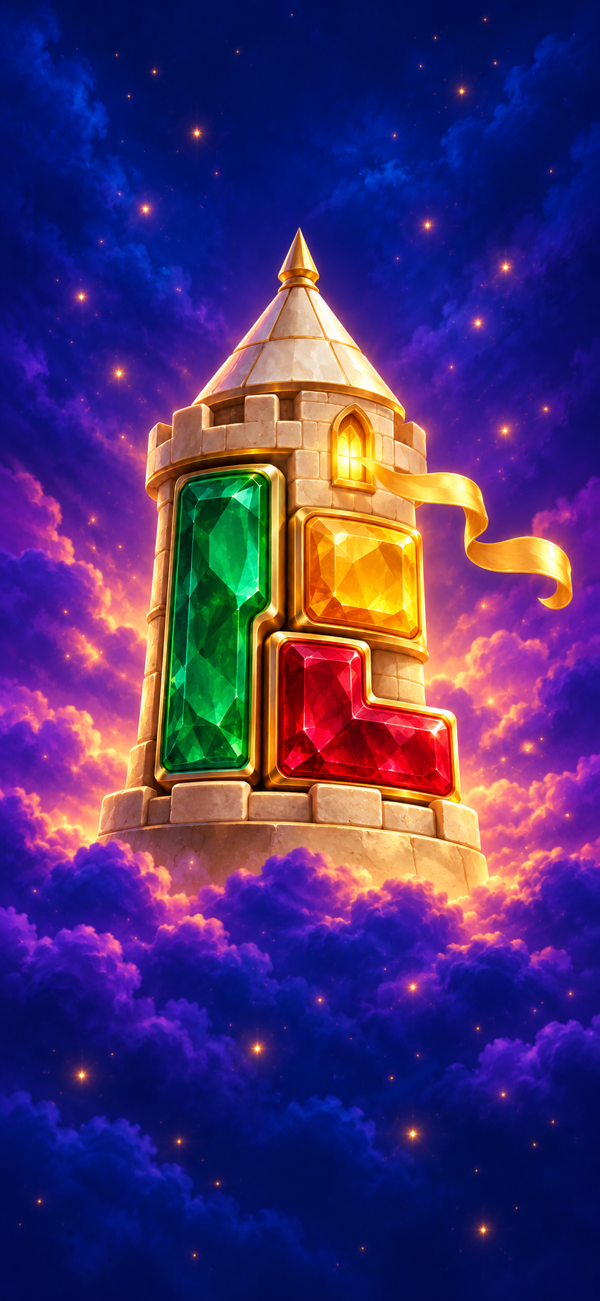 A glowing ivory tower built with emerald, amber and ruby puzzle blocks against a sapphire sky