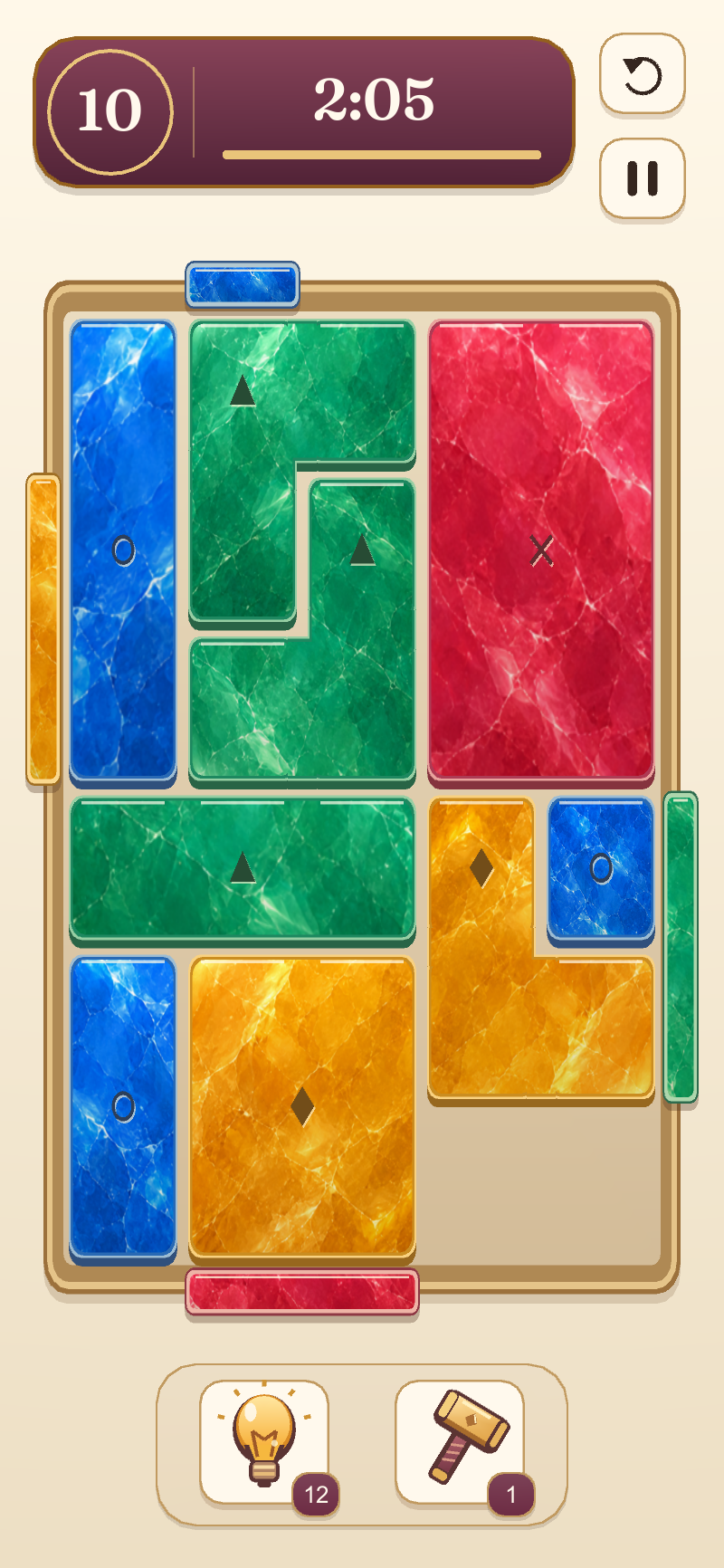 Development gameplay showing interlocking enamel tiles, matching color exits and a countdown